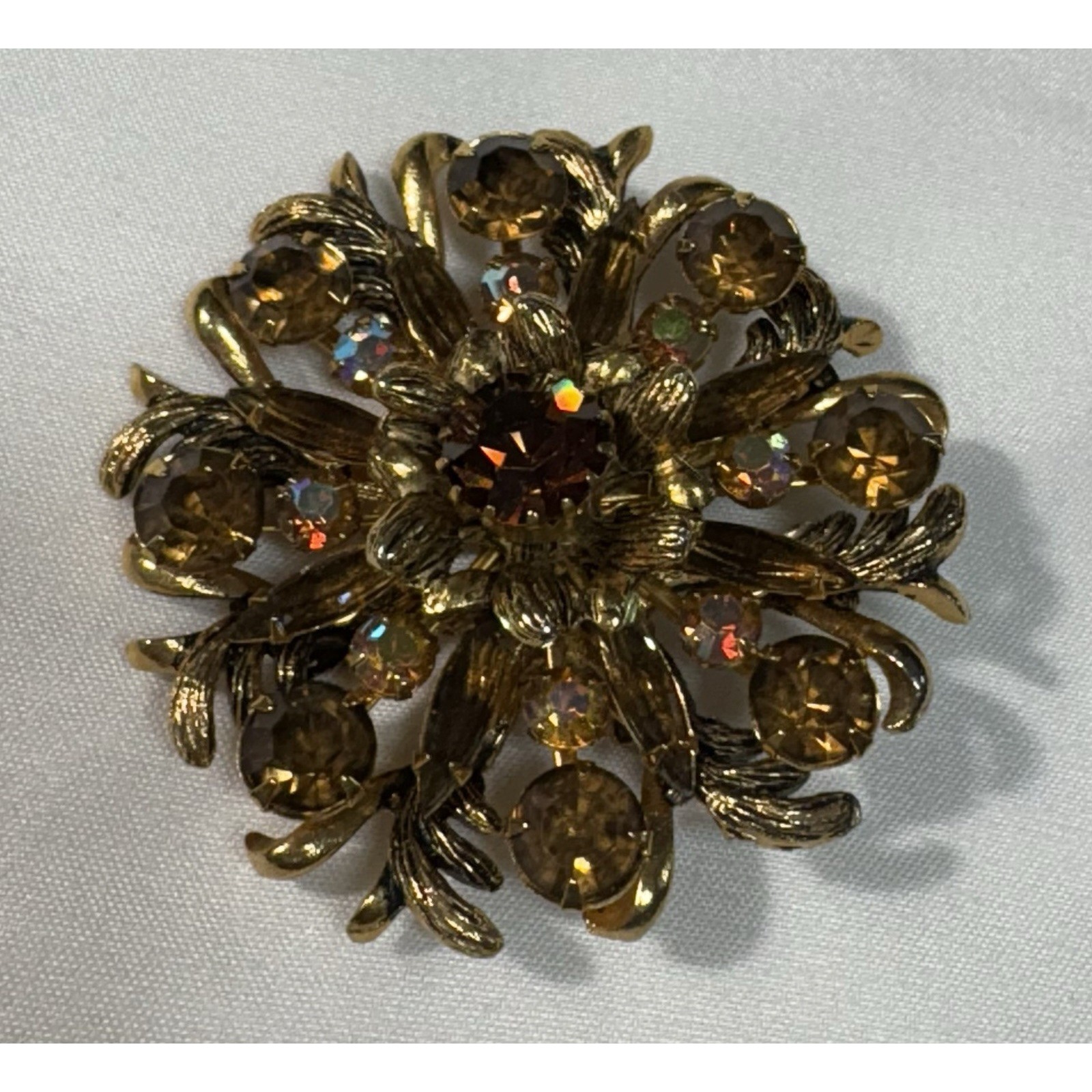 Vintage Selini Dimensional Brooch Pin Topaz And Aurora Borealis Ab Rhinestones
